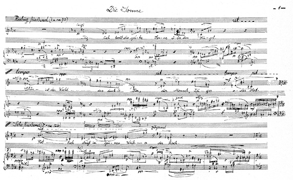 《トラークル歌曲集》作品14、声とピアノ版。手稿の最初のページ